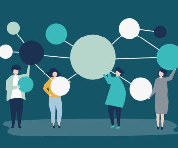 People holding connected copy space circle icons illustration